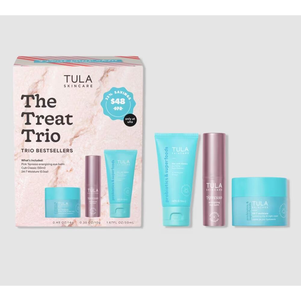 New Tula Skincare The Treat Trio Eye Balm Face Cleanser Day Night Cream Set